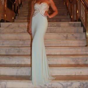 Faviana Ivory Strapless Beaded Evening Gown